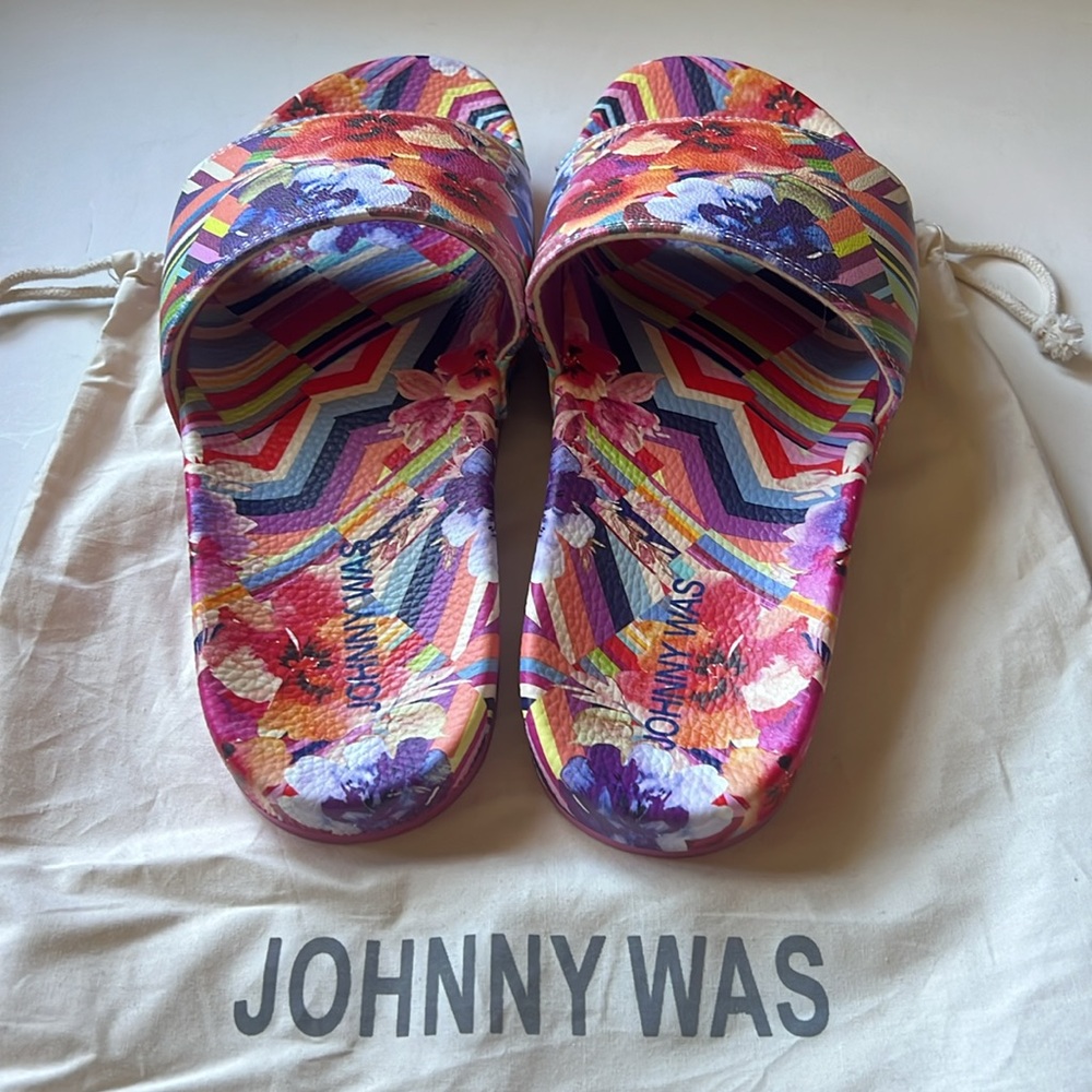 Johnny Was Multicolor Floral & Stripe Slide Sandals - Pink, Purple, Orange, Blue - Picture 4 of 5